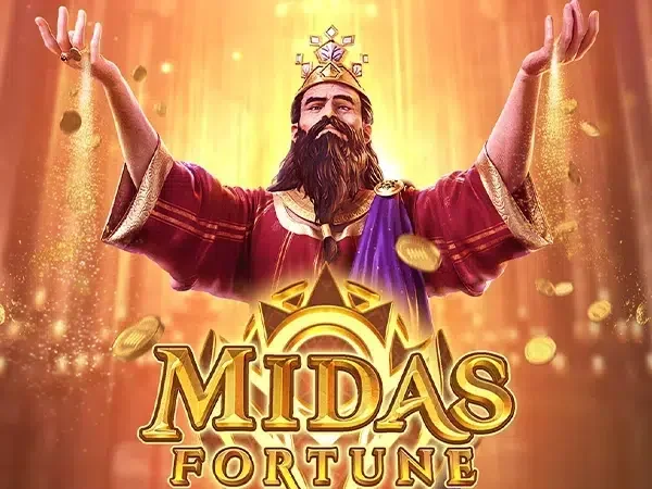 Capa do slot Midas Fortune: rei de coroa com os braços abertos e moedas de ouro caindo
